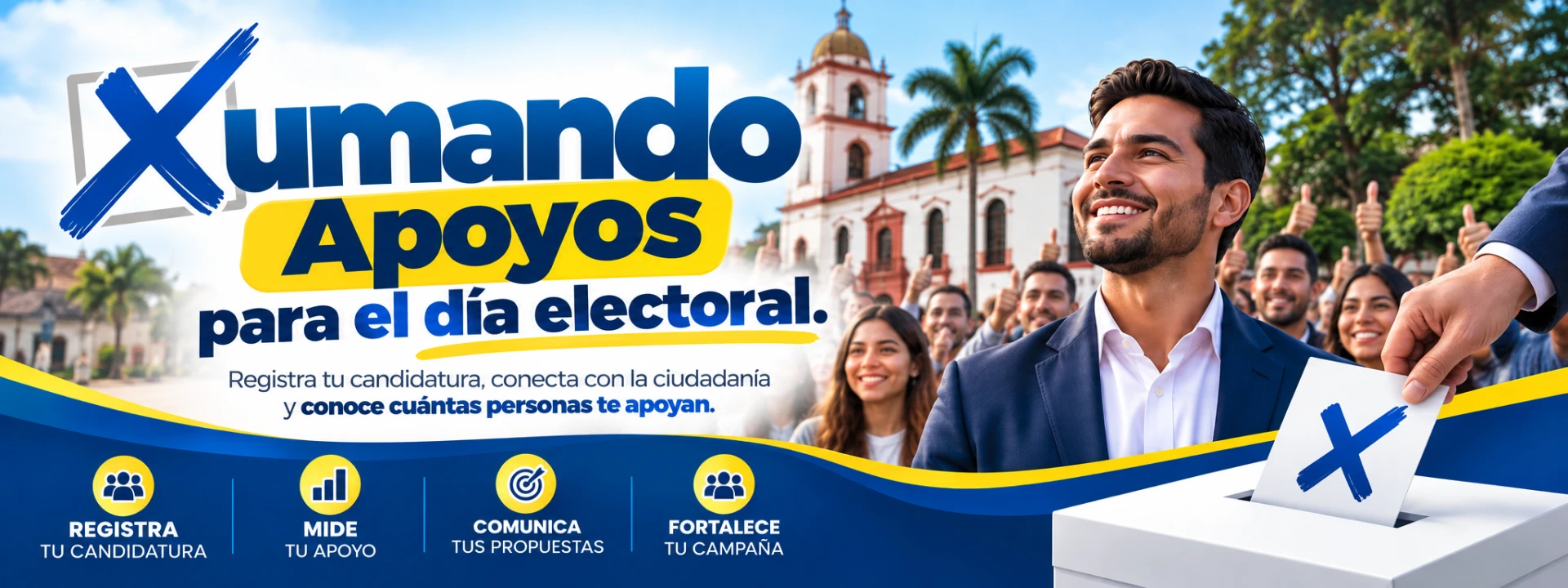 Xumando. Apoyos para el día electoral. Registra tu candidatura, conecta con la ciudadanía y conoce cuántas personas te apoyan.